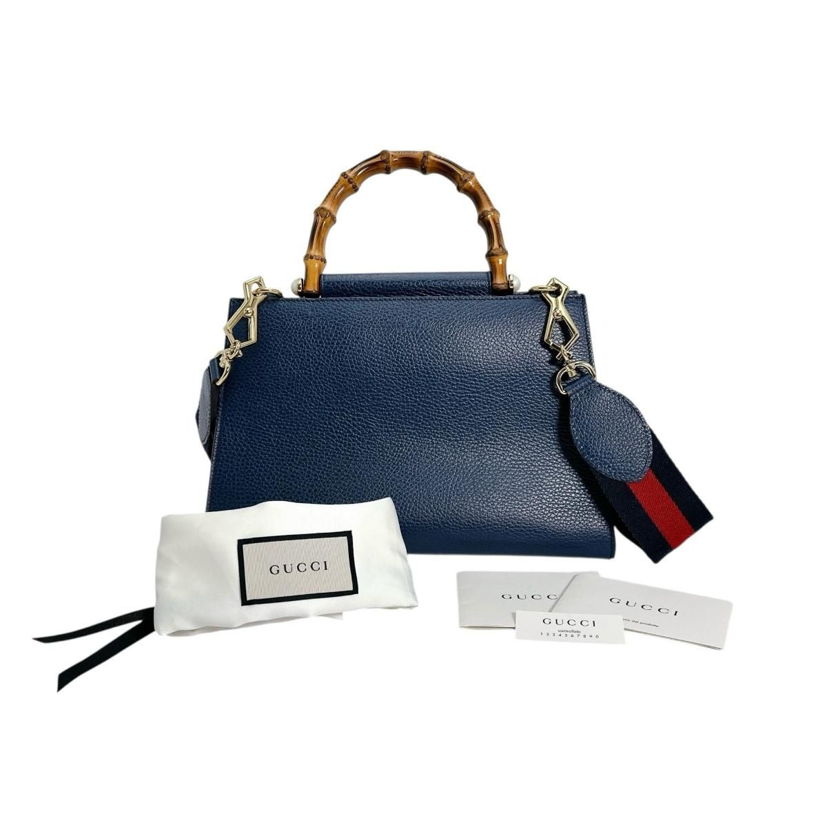 Gucci Leather Bamboo 2-Way Handbag Blue