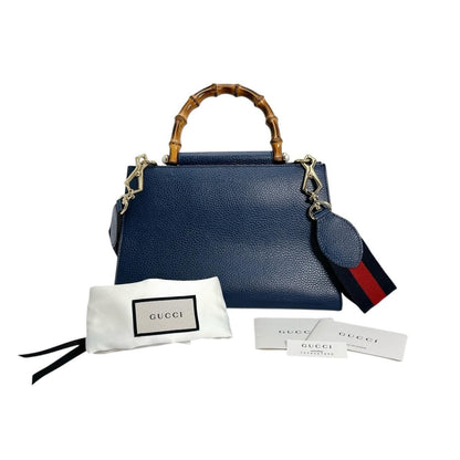 Gucci Leather Bamboo 2-Way Handbag Blue
