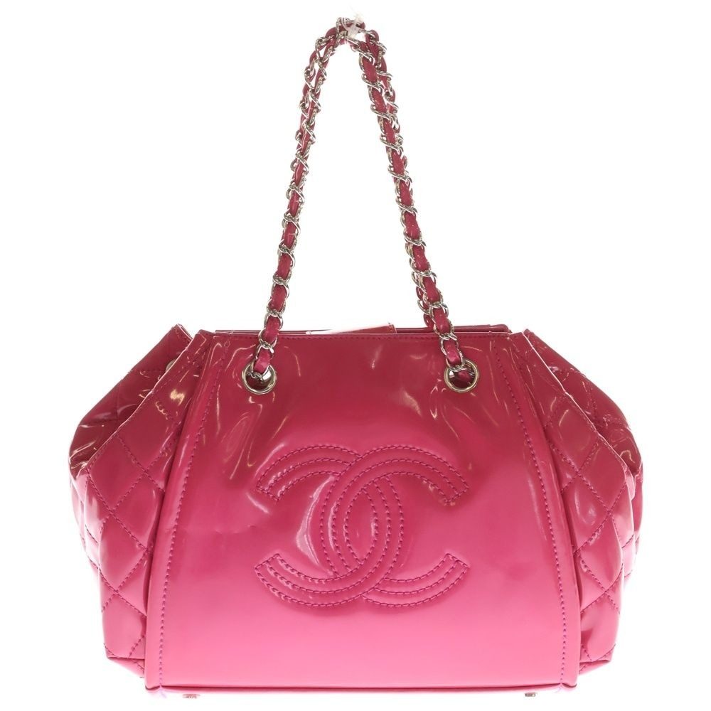 Chanel CC Logo Patent Leather Chain Hand Bag Silver Pink