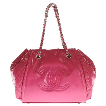Chanel CC Logo Patent Leather Chain Hand Bag Silver Pink