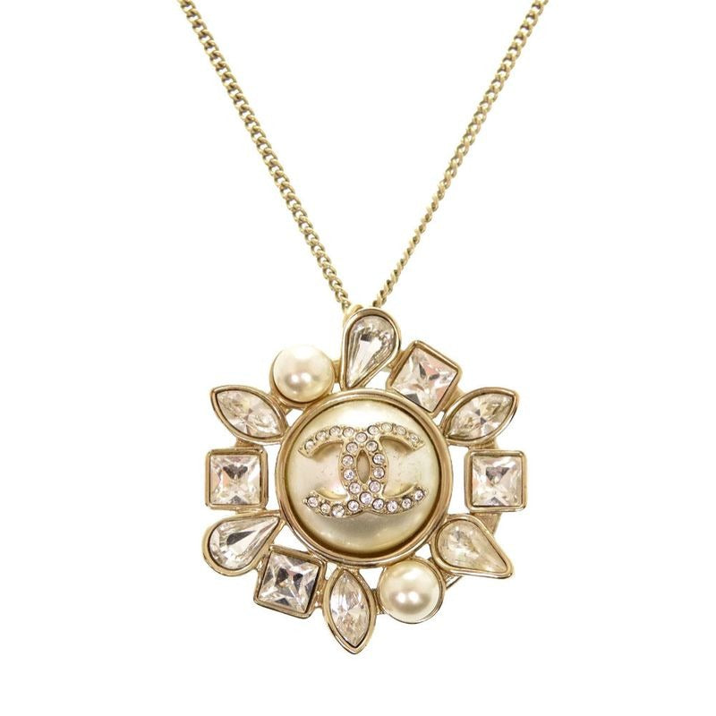 Chanel Faux Pearl Stone Chien Pan Gold B19K Coco Mark Necklace Accessory 0998