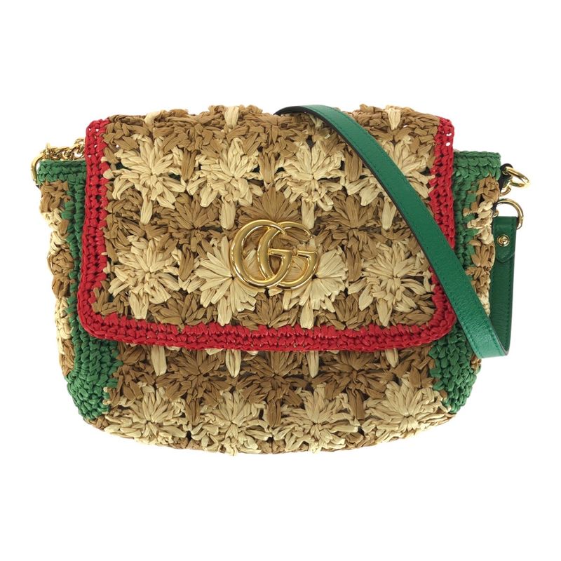 Gucci GG Marmont Beige Gold Hardware Raffia 574433 Chain Shoulder Bag Pochette