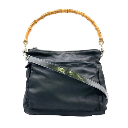 Gucci Bamboo 2-Way Shoulder Nylon Black Handbag Silver