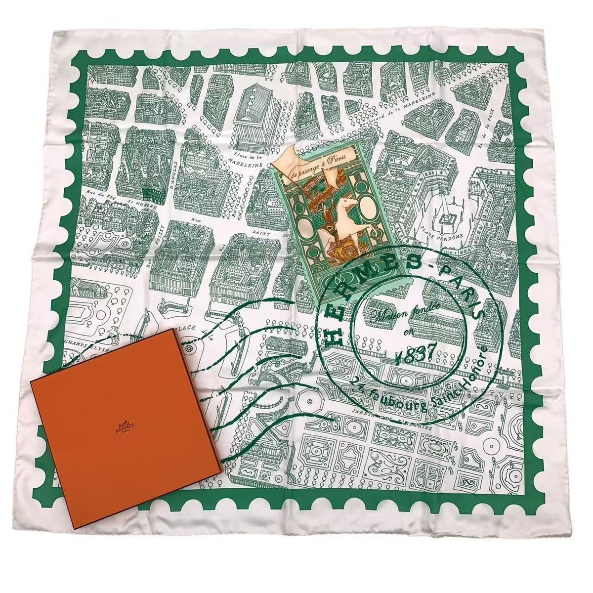 Hermes Carre 90 de Passage A Paris Silk Scarf Green