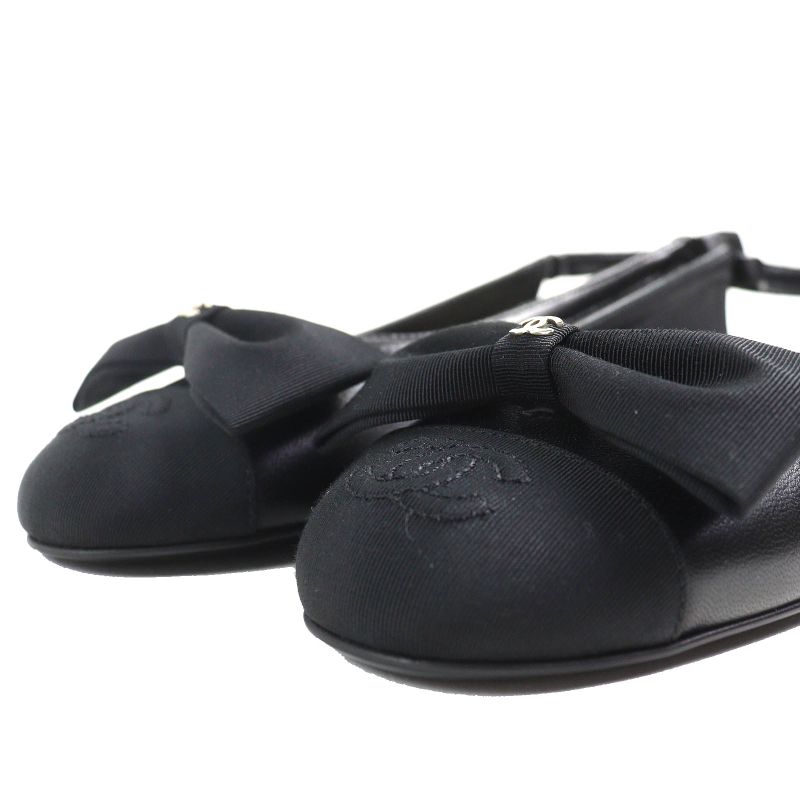 CHANEL G45689 Coco Mark Ribbon Sling Back Lamb Leather Pumps Shoes Black 35.5
