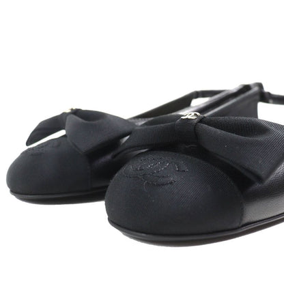 CHANEL G45689 Coco Mark Ribbon Sling Back Lamb Leather Pumps Shoes Black 35.5