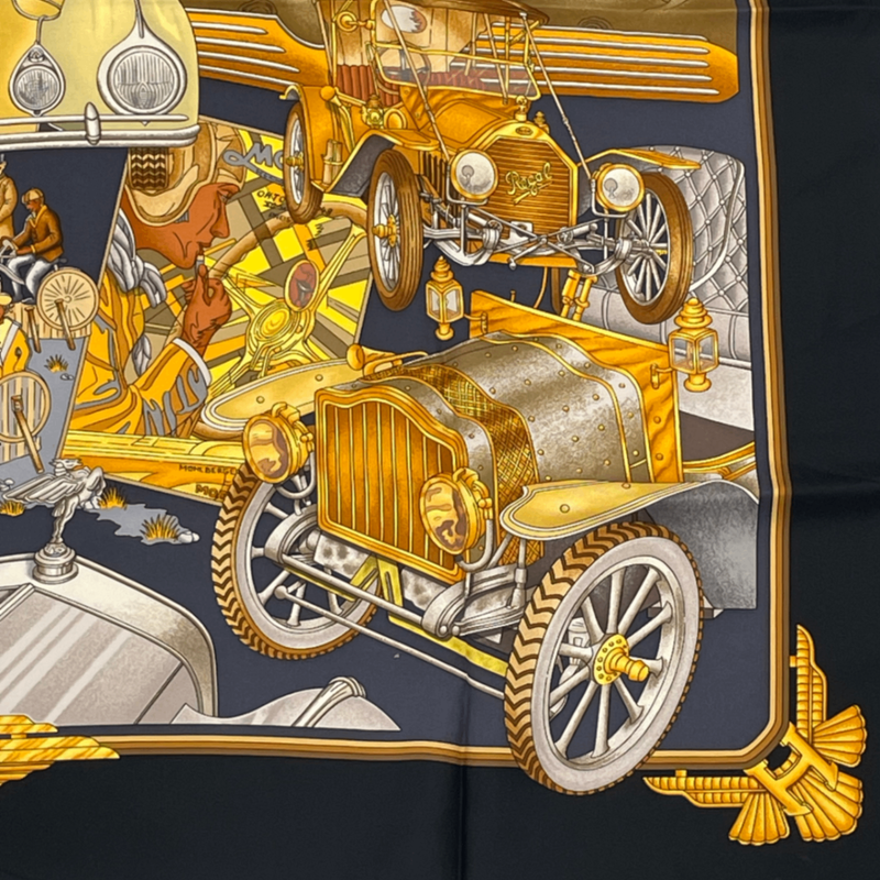 Hermes Carre 90 Automobile Black And Gold Scarf Silk