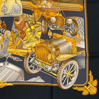 Hermes Carre 90 Automobile Black And Gold Scarf Silk