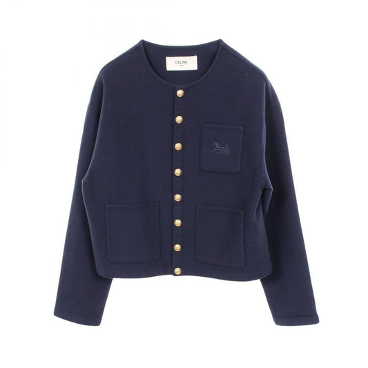 Celine Collarless Jacket Salki Embroidery Navy Cashmere