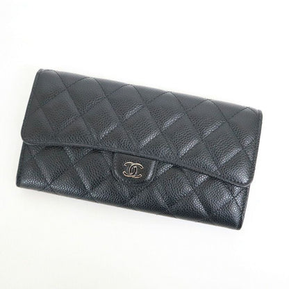 Chanel Quilted Classic Long Flap Wallet Caviar Leather Black