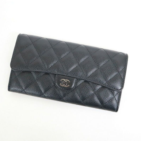 Chanel Quilted Classic Long Flap Wallet Caviar Leather Black