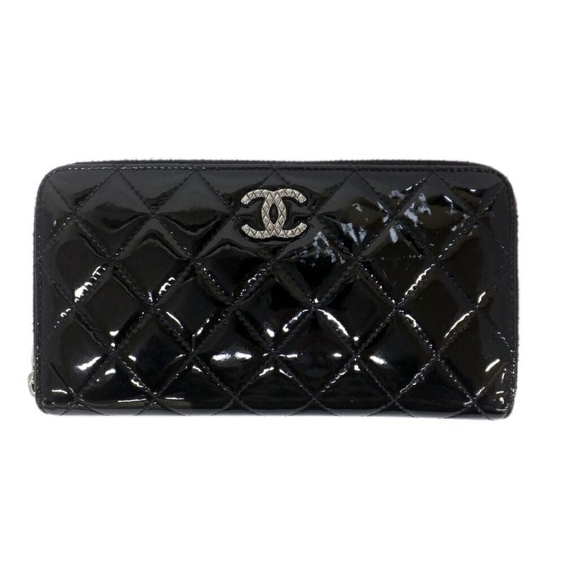 Chanel Long Wallet Quilted Round Zipper Black Silver Hardware