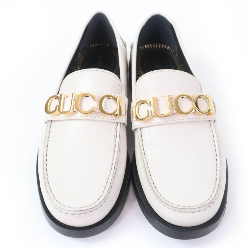 Gucci 700036 Metal Logo Leather Loafer Ivory Gold Hardware 36.5 With Box And