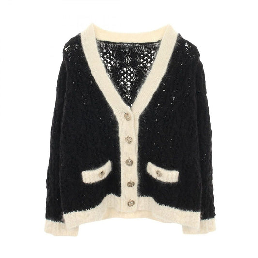 Chanel Cardigan CC Logo Button Cable Knit Wool Silk