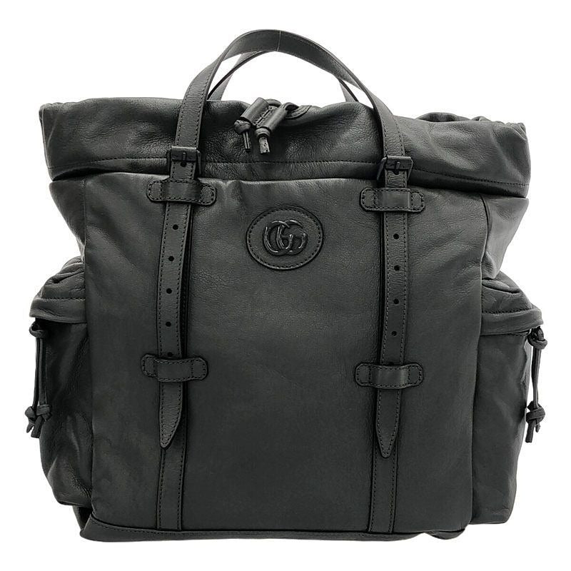 Gucci Drawstring Leather Tote Bag Lined With GG Total Logo Gray