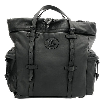 Gucci Drawstring Leather Tote Bag Lined With GG Total Logo Gray