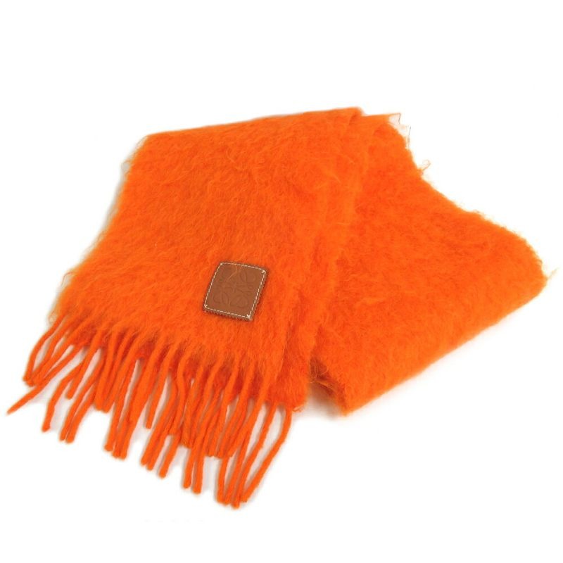 Loewe Muffler Orange Mohair Wool Fringe Leather Tag Accessori Scarf