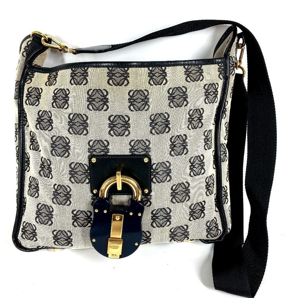 Loewe Shoulder Bag Padlock Logo Leather Canvas Black Gray