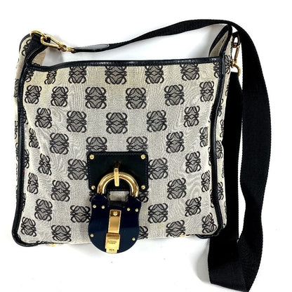 Loewe Shoulder Bag Padlock Logo Leather Canvas Black Gray