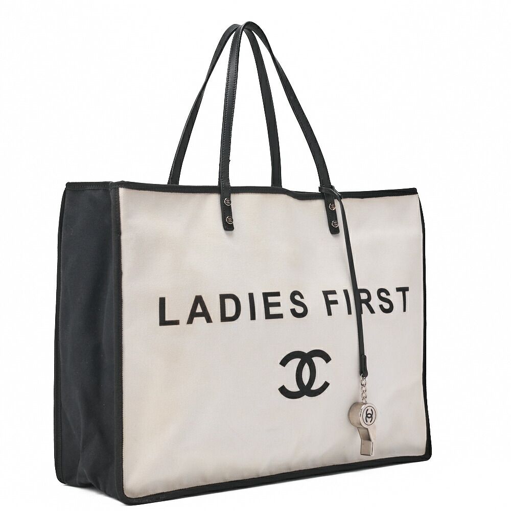 Chanel Tote Bag Coco Mark Canvas With Whistle Charm White And Black Silver