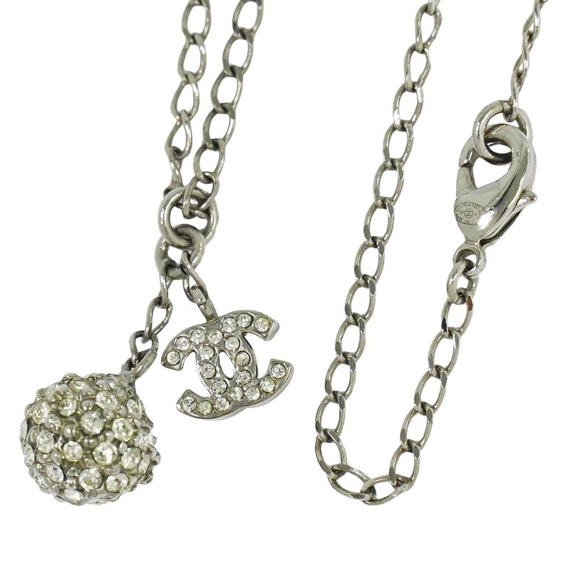 Authentic Chanel Coco Mark Ball Rhinestone Necklace Pendant Metal Silver