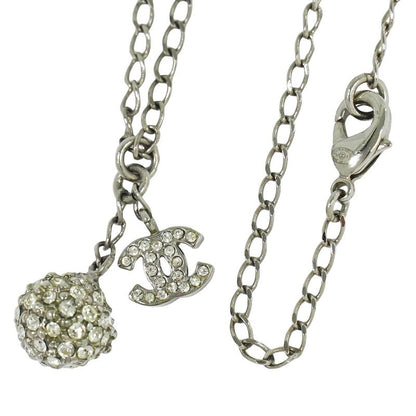 Authentic Chanel Coco Mark Ball Rhinestone Necklace Pendant Metal Silver