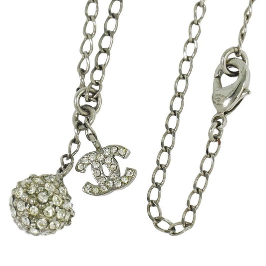 Authentic Chanel Coco Mark Ball Rhinestone Necklace Pendant Metal Silver