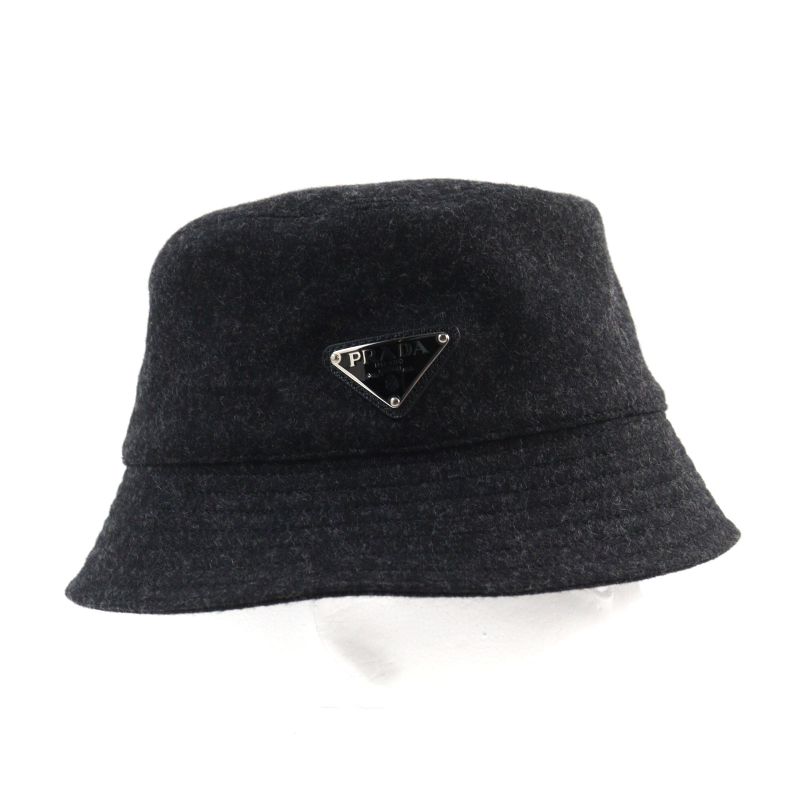 Prada 2hc137 100% Wool Triangle Plate Triangle Logo Bucket Hat Dark Gray M Made