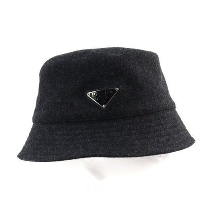 Prada 2hc137 100% Wool Triangle Plate Triangle Logo Bucket Hat Dark Gray M Made