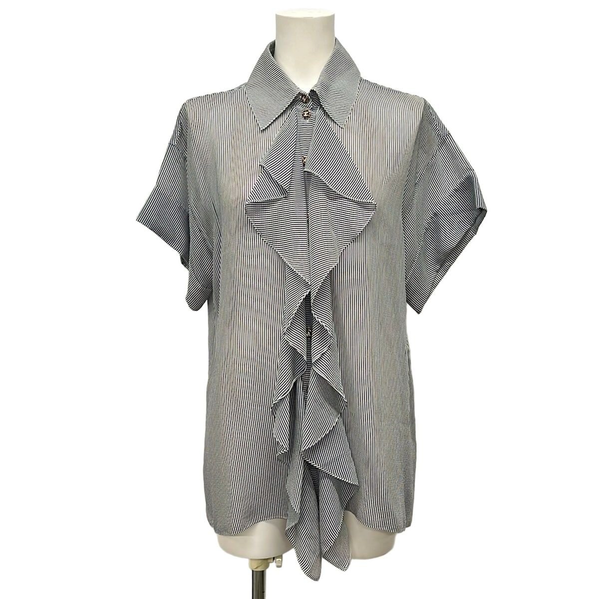 Chanel Short Sleeve Shirt Blouse 34 S White Dark Navy Silk