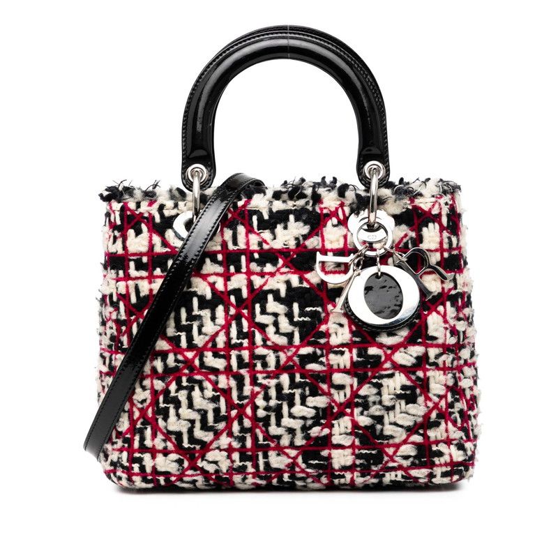 Dior Lady Dior Cannage Handbag Shoulder Bag 2WAY Black White Pink Tweed Leather
