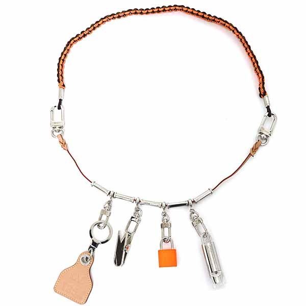 Louis Vuitton Collier Survival Necklace Charm Metal Leather Orange Silver Hardwa