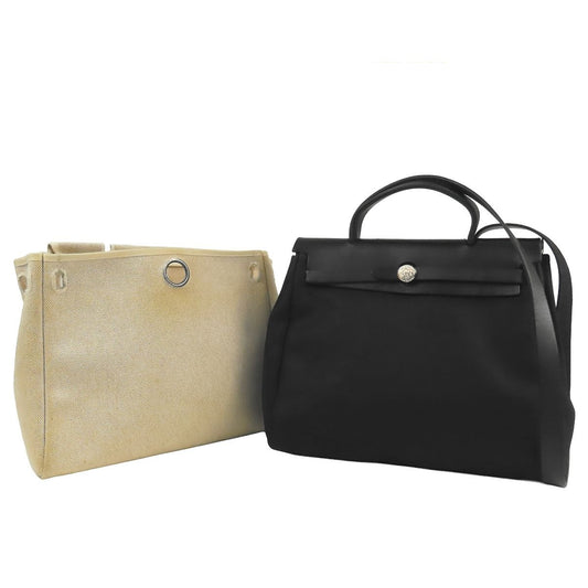 Hermes Herbag PM Natural Black Silver Vache Toile 2-Way Shoulder Bag