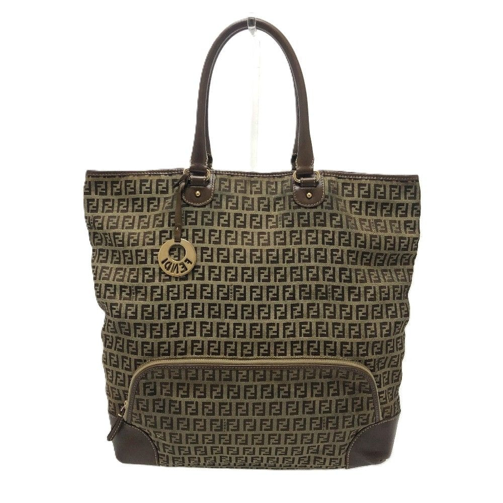 Fendi Shoulder Bag Zucchino Canvas Leather Beige