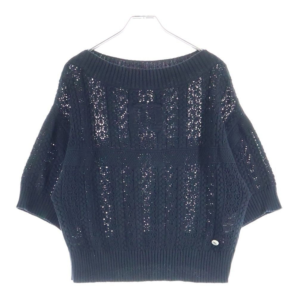 Chanel Mini Plate CC Logo Crochet Short Sleeve Knit Sweater Black