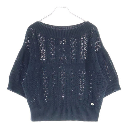 Chanel Mini Plate CC Logo Crochet Short Sleeve Knit Sweater Black