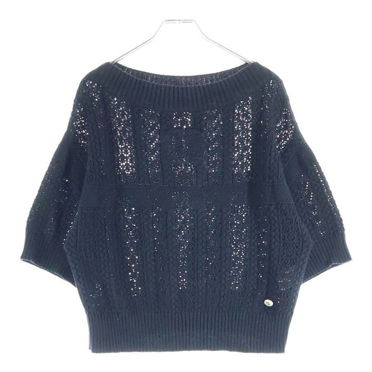 Chanel Mini Plate CC Logo Crochet Short Sleeve Knit Sweater Black