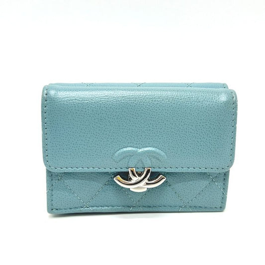 Chanel Trifold Wallet Half Coco Mark Leather Light Blue