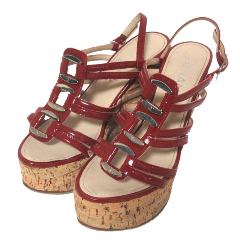 Chanel Patent Leather Cork Sole Wedge Sole Suring Back Sandals 35C 22cm