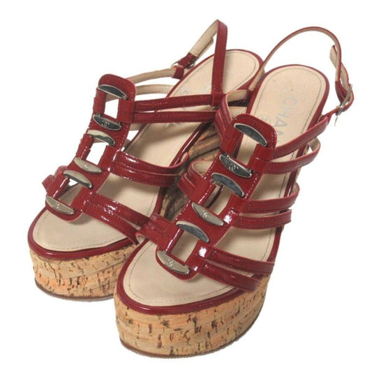 Chanel Patent Leather Cork Sole Wedge Sole Suring Back Sandals 35C 22cm