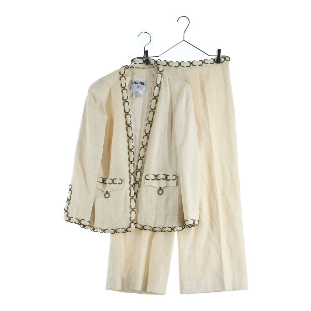 Chanel Chain Decoration Silk Jacket Trousers Long Pants Set Suit Ivory