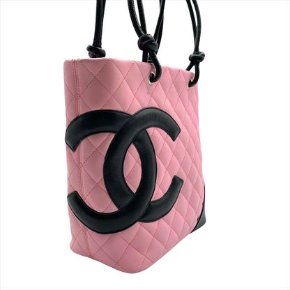 Chanel CC Logo Quilted Lambskin Cambon Hand Tote Pink Purse
