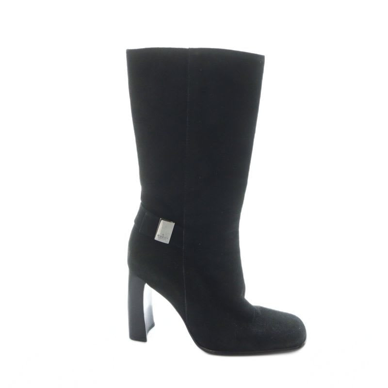 Gucci Short Boots Suede Square Toe Chunky Heel Logo 34.5 Black