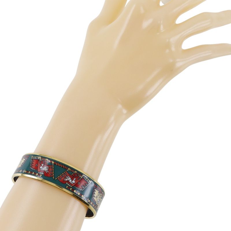 Hermes Emile GM Flag & Bird Cloisonne Gold Plated Green Ladies 35g Bangle