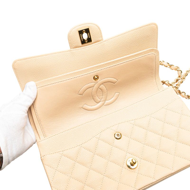 Chanel Matelasse 25 Coco Mark Double Flap Chain Shoulder Bag Beige Caviar Skin