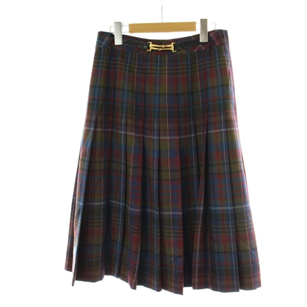 Celine Plied Skirt Wool 42 Navy Multicolor Plaid Horsebit Long Length