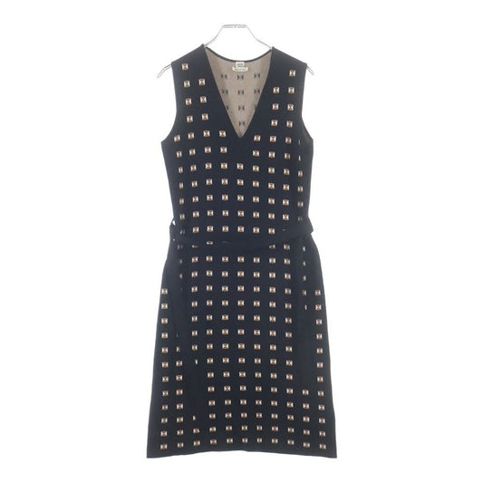 Hermes Medall Allover Pattern Silk Belted Sleeveless Dress Black