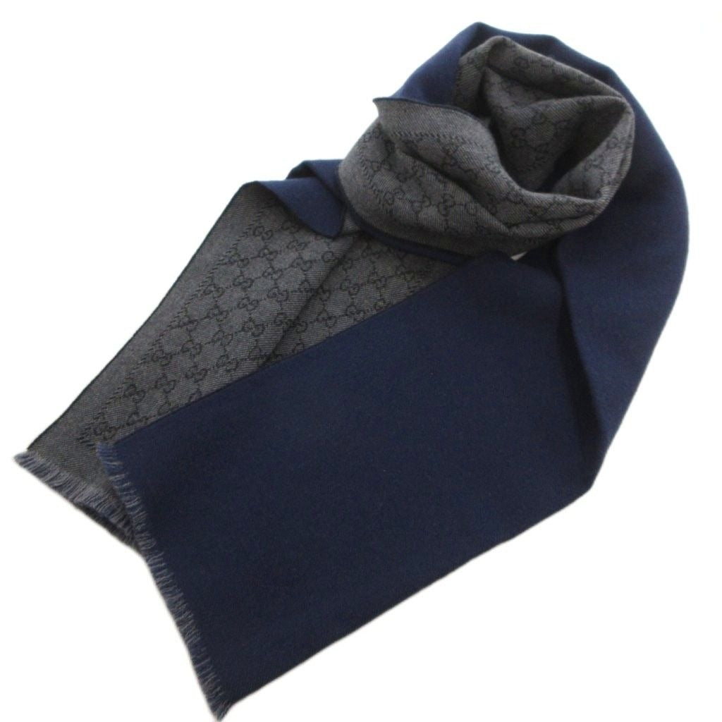 Gucci Scarf Shawl GG Pattern Fringe Bicolor Navy Gray