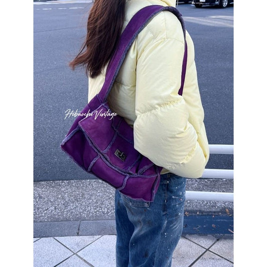 Chanel CC Logo Quilted Shoulder Bag Purple Mouton Suede Vintage
