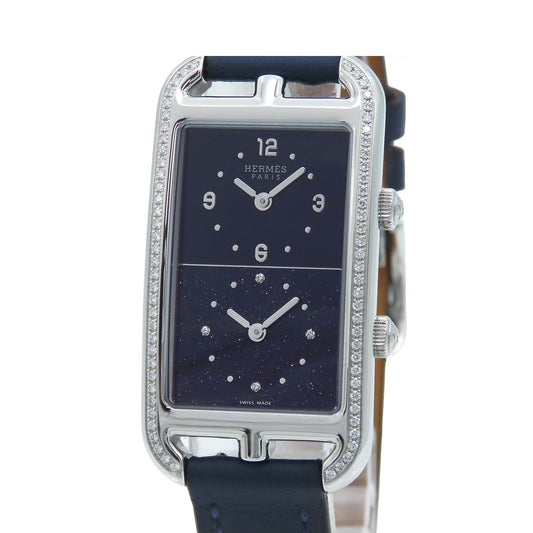 Hermes Nantucket Dual Time NA 3.230 Blue SS Leather Diamond Watch